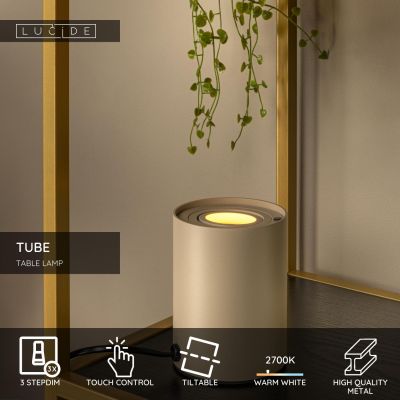 Lucide TUBE - Table lamp - Ø 9,6 cm- LED 3 StepDim - GU10 - 1x5W 2700K - Taupe